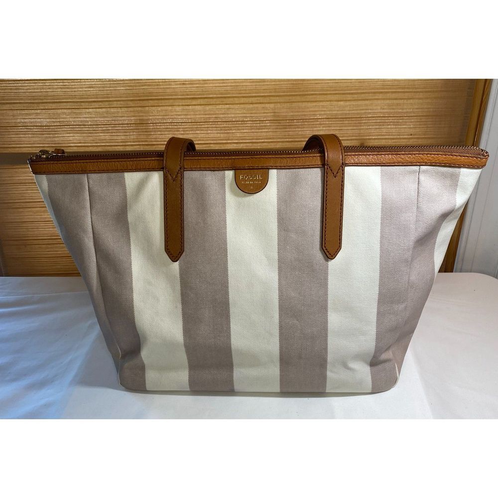FOSSIL Sydney Shopper Tote Purse Neutral Beige/Taupe Bag Leather Trim Striped